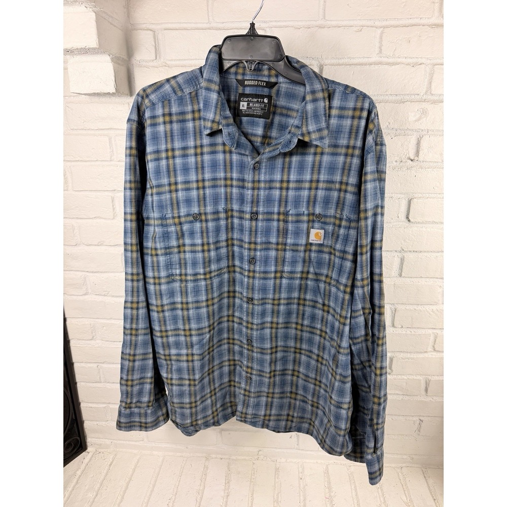 Workwear Carhartt Rugged Flex XL Dark Blue Plaid Relaxed Fit Shirt 105949